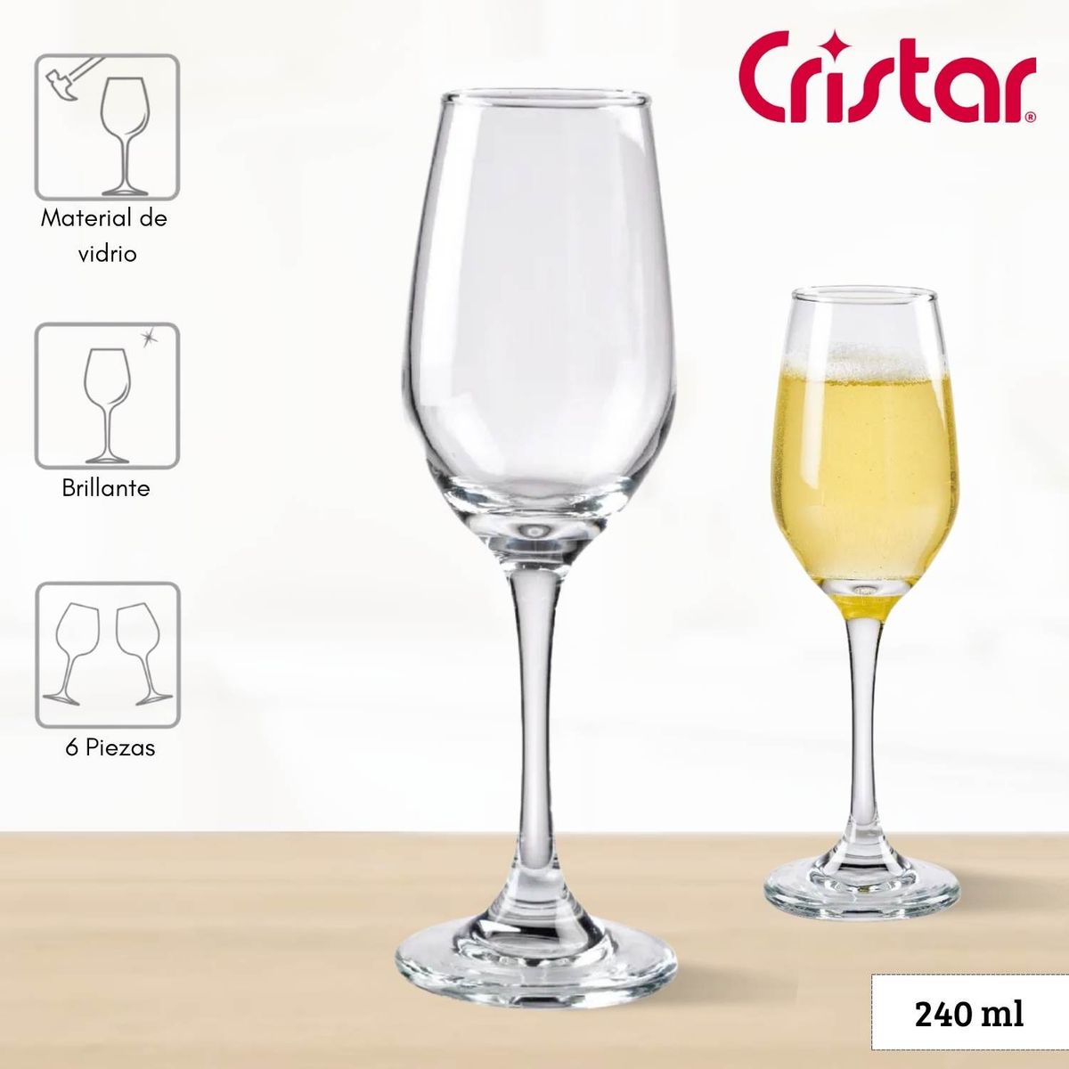 CRISTAR - Copa de Vidrio Brunello Champaña Cristar 242 Ml 6 Piezas