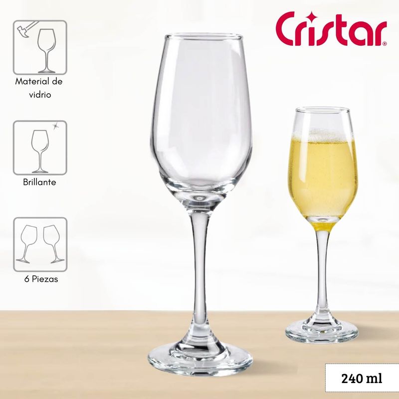 CRISTAR - Copa de Vidrio Brunello Champaña Cristar 242 Ml 6 Piezas