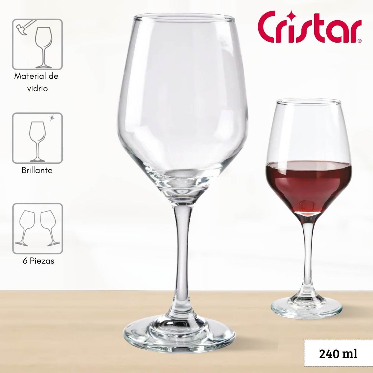 CRISTAR - Copa de Vidrio Brunello Vino Cristar 408 Ml 6 Piezas