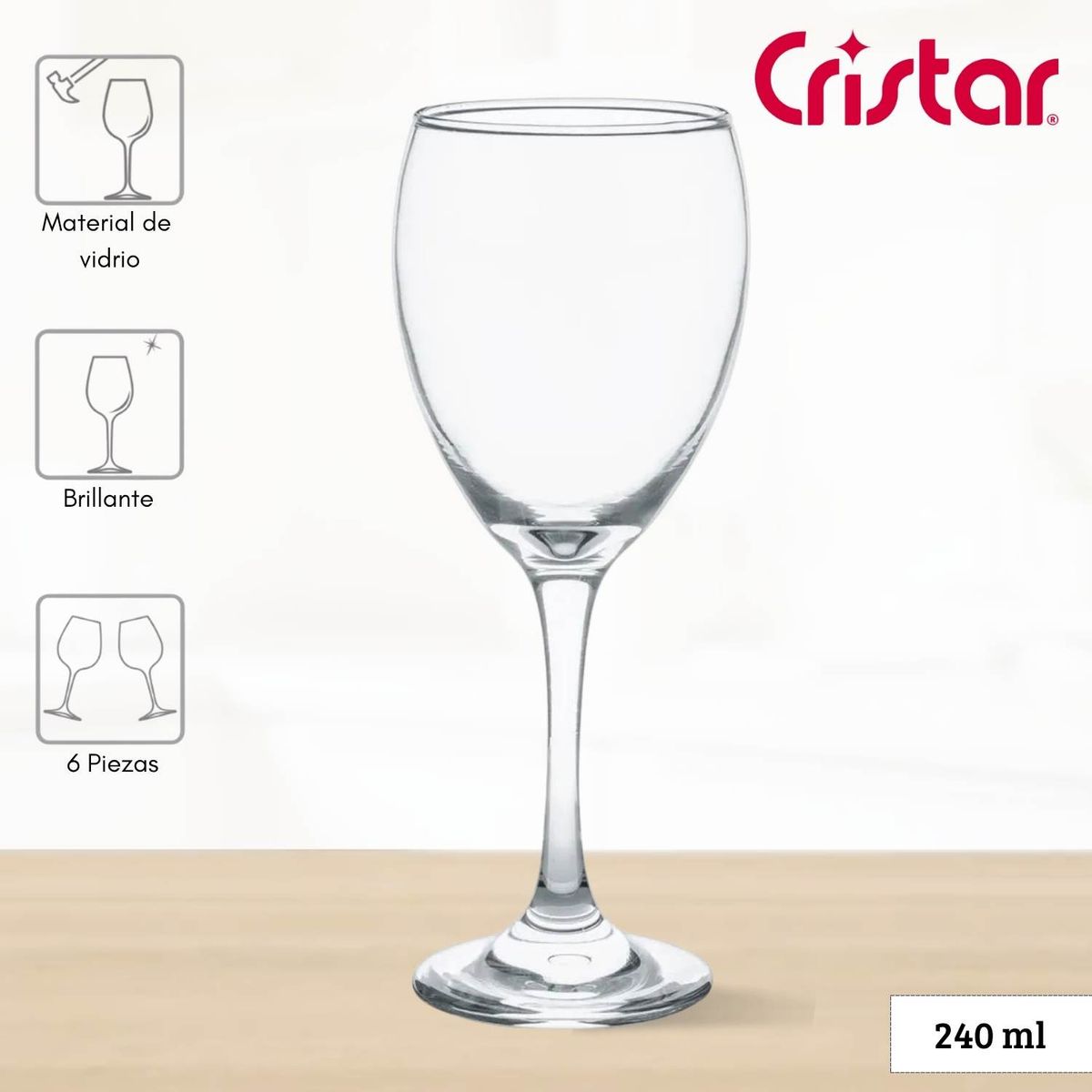 CRISTAR - Copa de Vidrio Versalles Cristar 240 Ml 6 Piezas