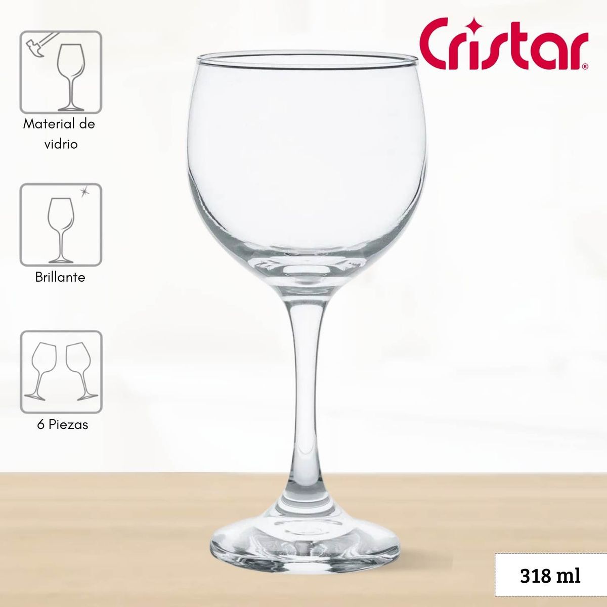 CRISTAR - Copa de Vidrio Premiere Gran Vino Cristar 318 Ml 6 Piezas