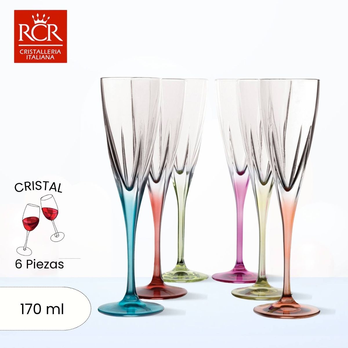 RCR  ITALIA - Copas de Cristal Fusion Color Flauta RCR 170 ml 6 Piezas