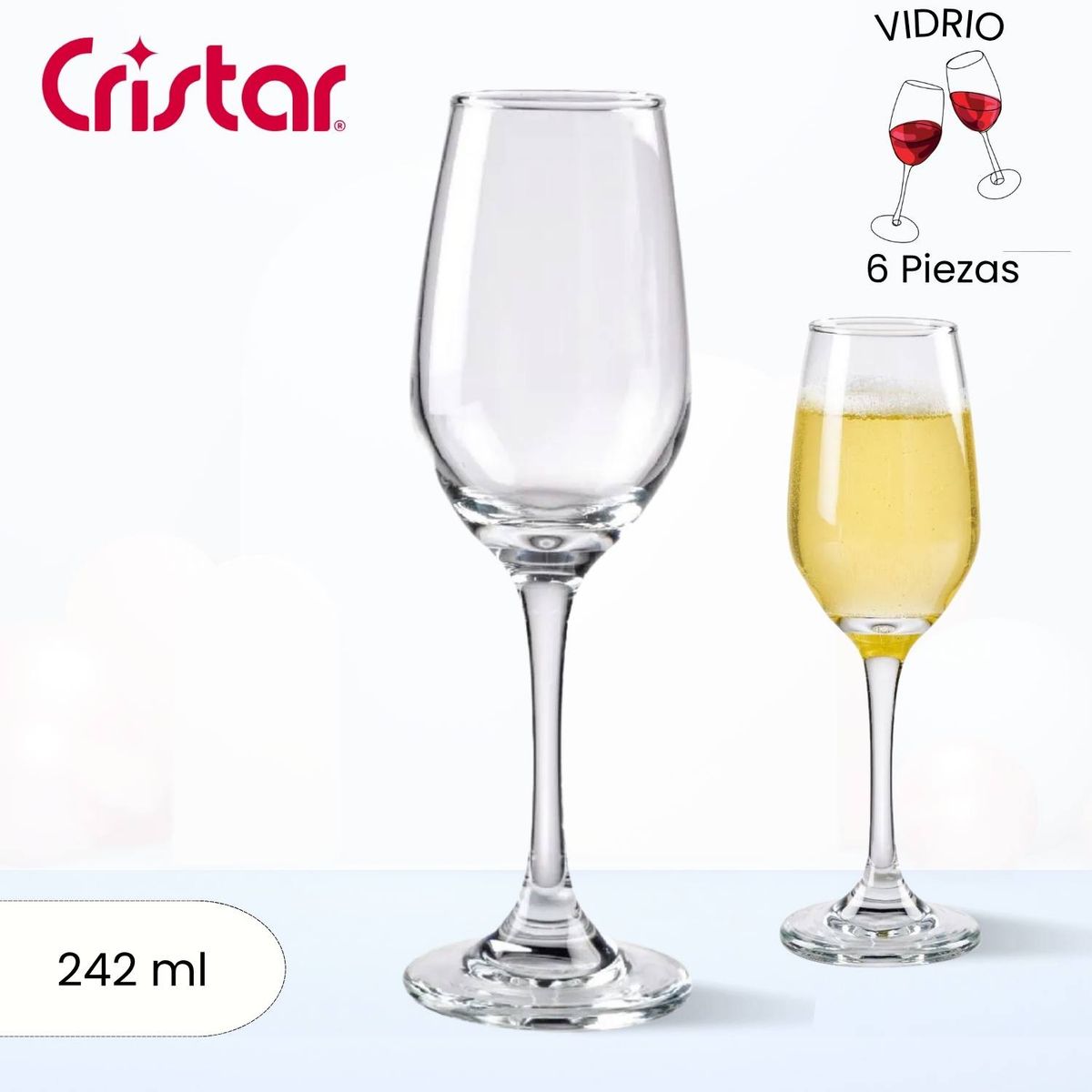 CRISTAR - Copa de Vidrio Brunello Champaña Cristar 242 Ml 6 Piezas