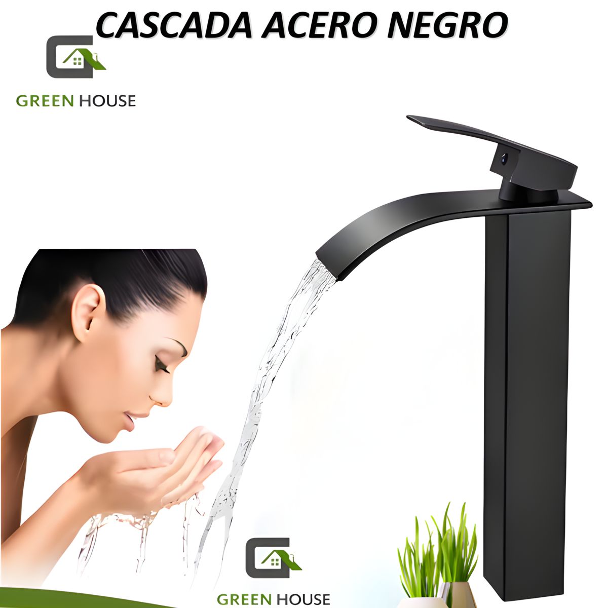 GREEN HOUSE - MEZCLADORA ACERO NEGRO MATE PICO FINO CAIDA CASCADA