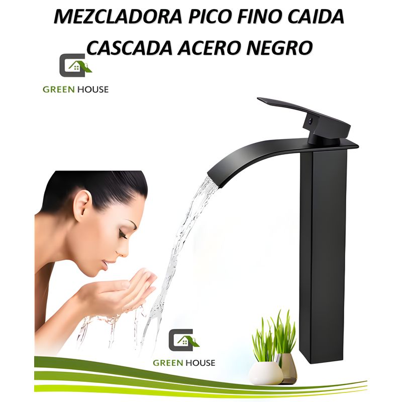 GREEN HOUSE - MEZCLADORA ACERO NEGRO MATE PICO FINO CAIDA CASCADA