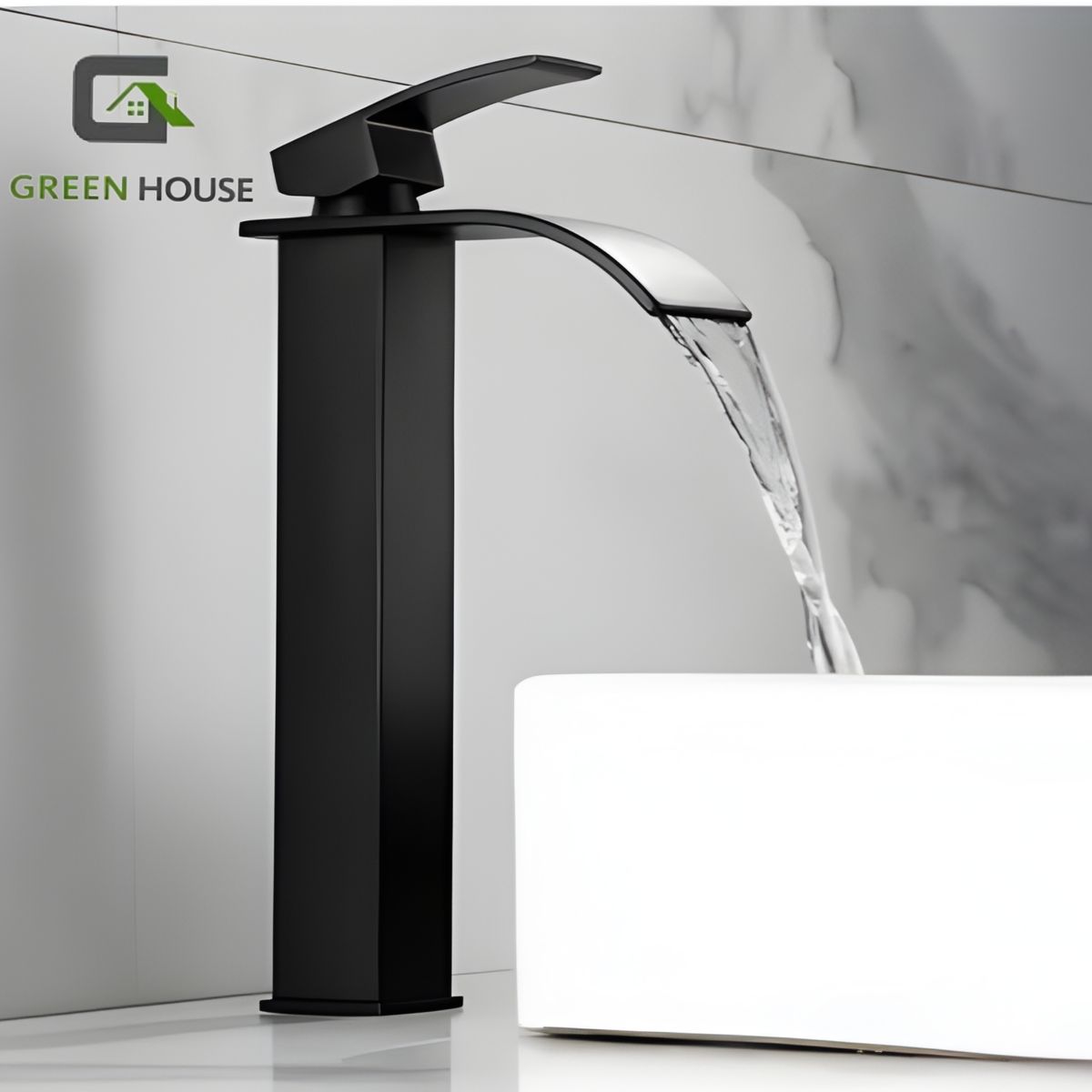GREEN HOUSE - MEZCLADORA ACERO NEGRO MATE PICO FINO CAIDA CASCADA