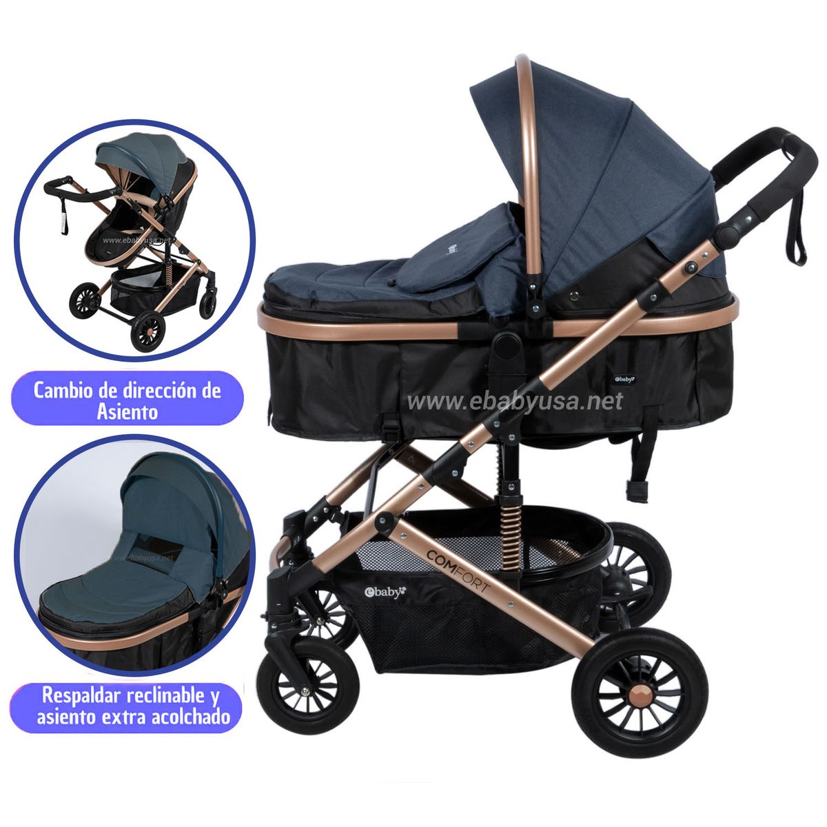 EBABY - Coche Cuna Moisés de Lujo «COMFORT» Azul