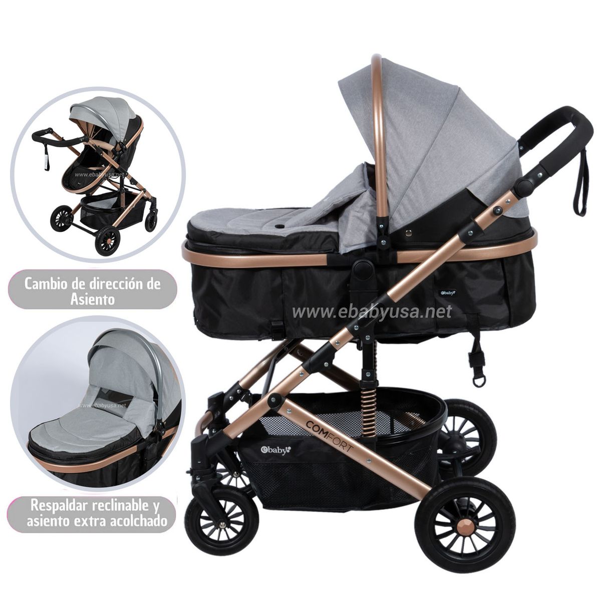 EBABY - Coche Cuna Moisés de Lujo «COMFORT» Gris