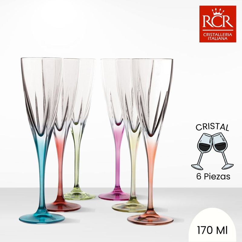 RCR  ITALIA - Copas de Cristal Fusion Color Flauta RCR 170 ml 6 Piezas
