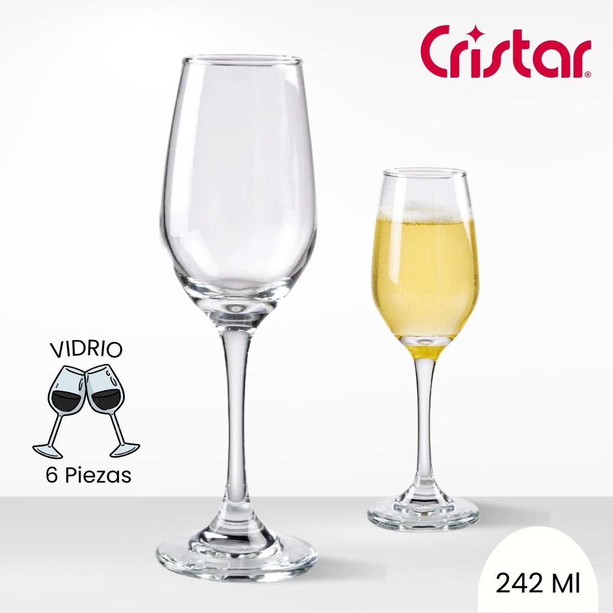 CRISTAR - Copa de Vidrio Brunello Champaña Cristar 242 Ml 6 Piezas