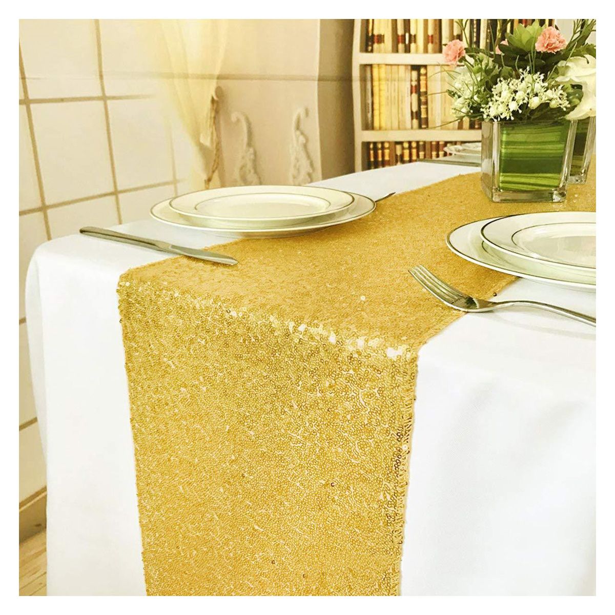 DENISASAA - Mantel De Bandera De Mesa Cuadrada De Lentejuelas 275 × 30cm-Dorado