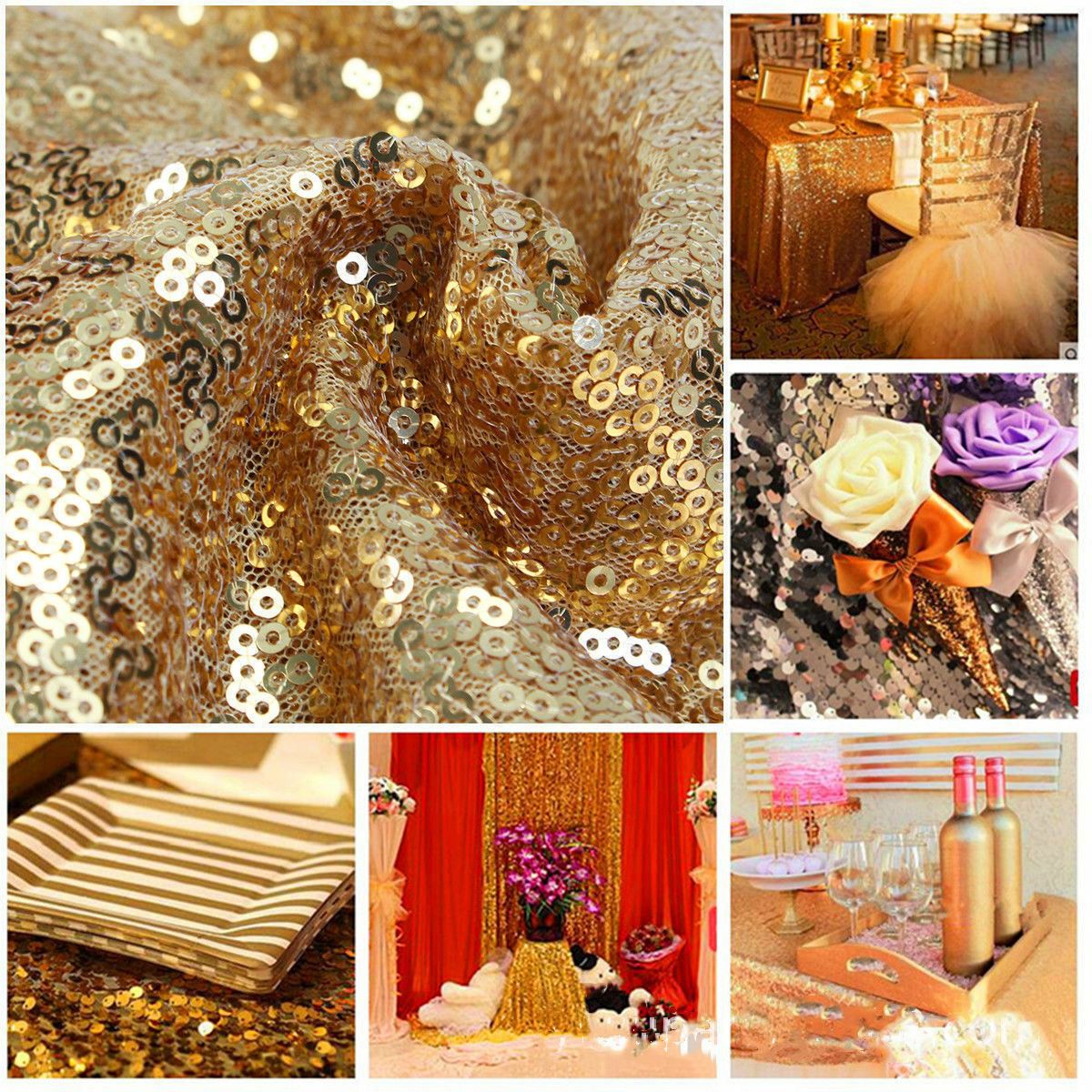 DENISASAA - Mantel De Bandera De Mesa Cuadrada De Lentejuelas 275 × 30cm-Dorado