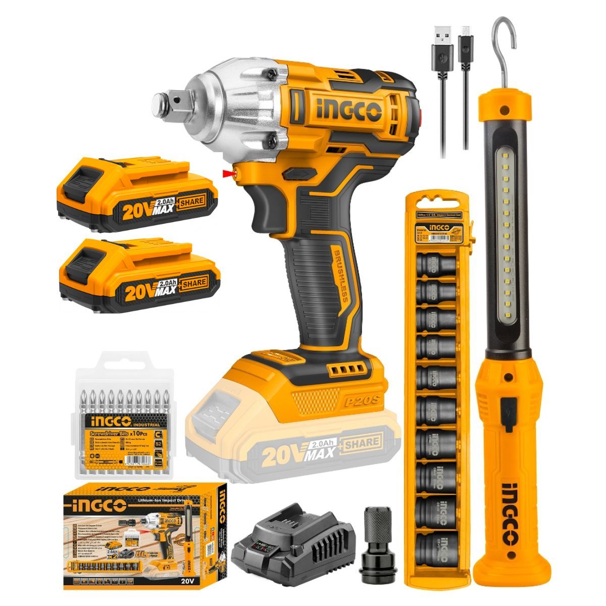 INGCO TOOLS - Llave De Impacto Ingco 20v + Linterna Ingco + Accesorios