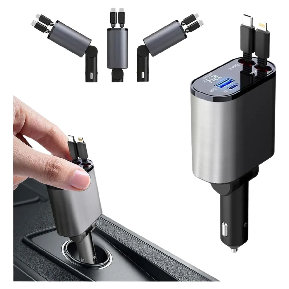 GENERICO - Cargador Tipo C Retráctil para Auto 120W Carga Rápida 4 Dispositivos