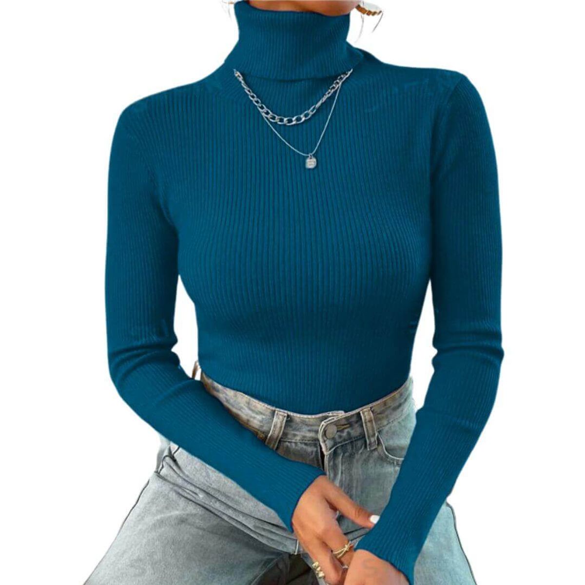 GENERICO - Cafarena de Hilo Tejida Azul Cuello Alto Mujer - Tallas S - M - L