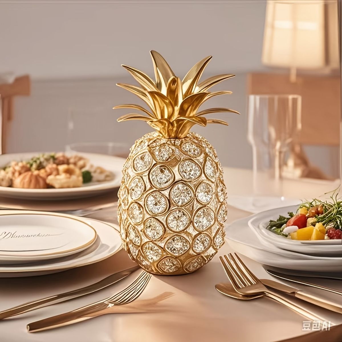 VATYERTY - Decoración de piña de cristal dorado de lujo con hojas ajustables