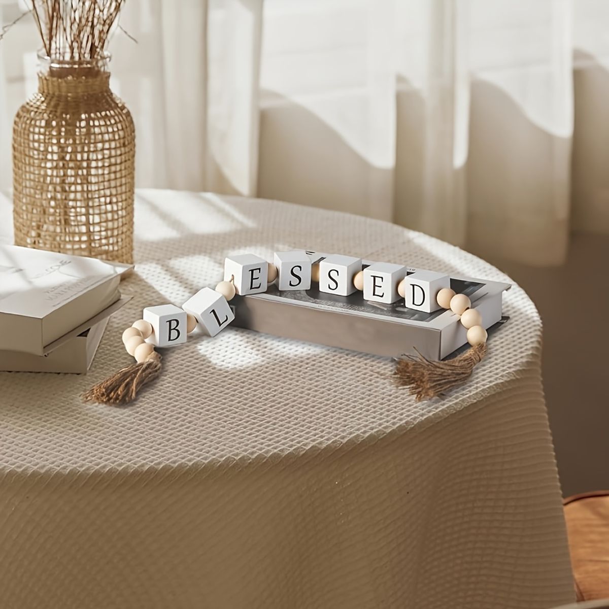 VATYERTY - Guirnalda rústica de cuentas de madera BLESSED con borlas