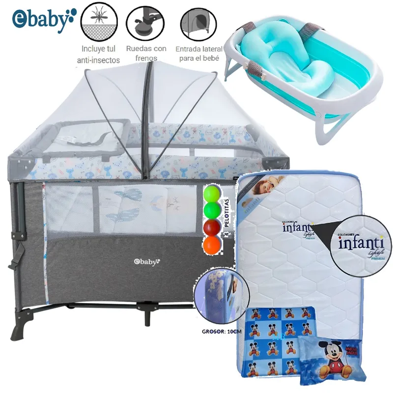 EBABY - Cuna corral NALA Azul y Colchón Azul+ Tina