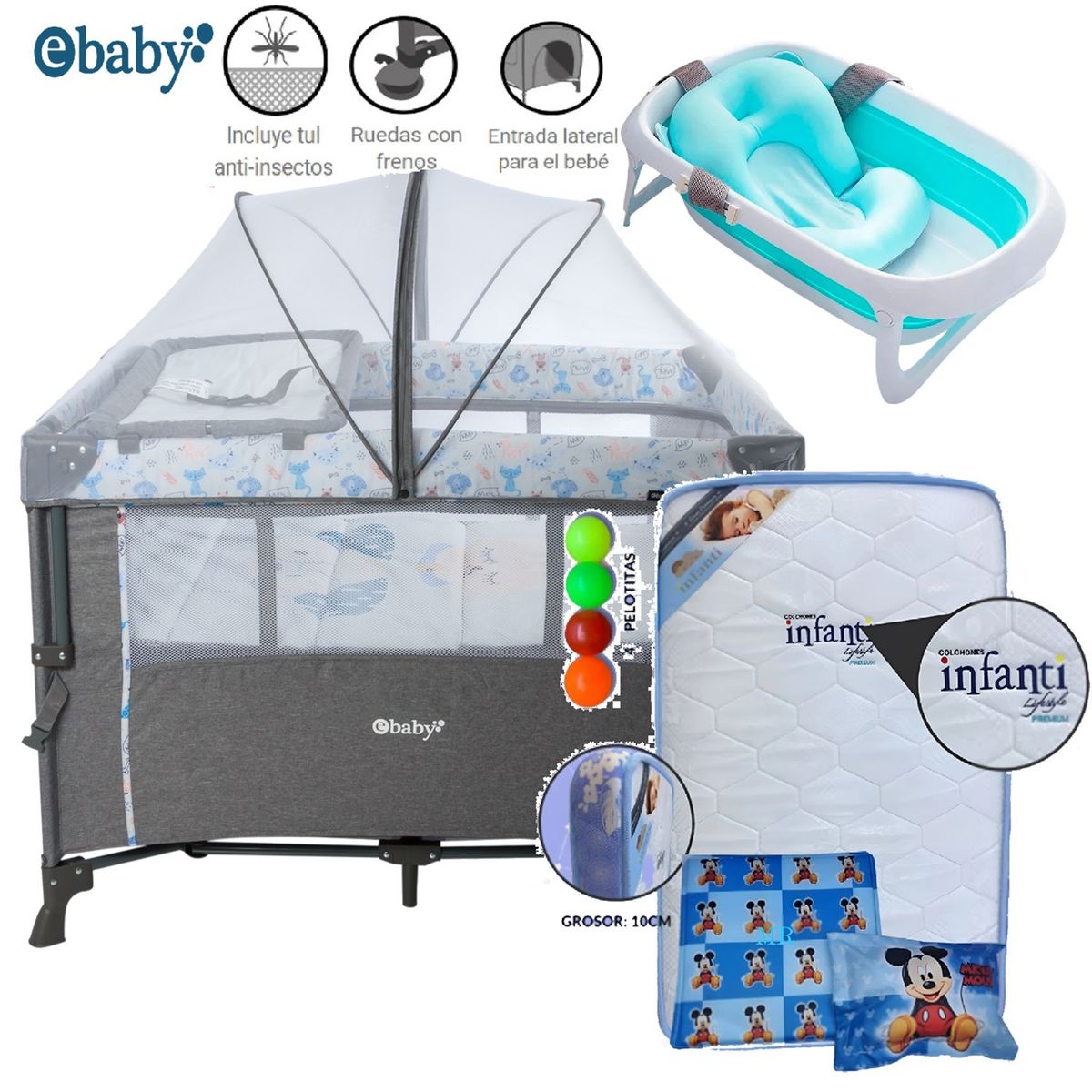 EBABY - Cuna corral NALA Azul y Colchón Azul+ Tina Celeste