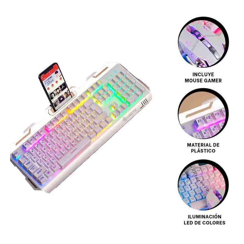 GENERICO - Pack2 Teclado con Luz Led RBG Blanco Y+Banderitas Adhesivas