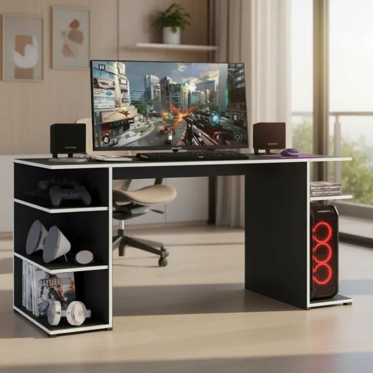 GENERICO - ESCRITORIO GAMER EN MELAMINA 18MM COLOR NEGRO