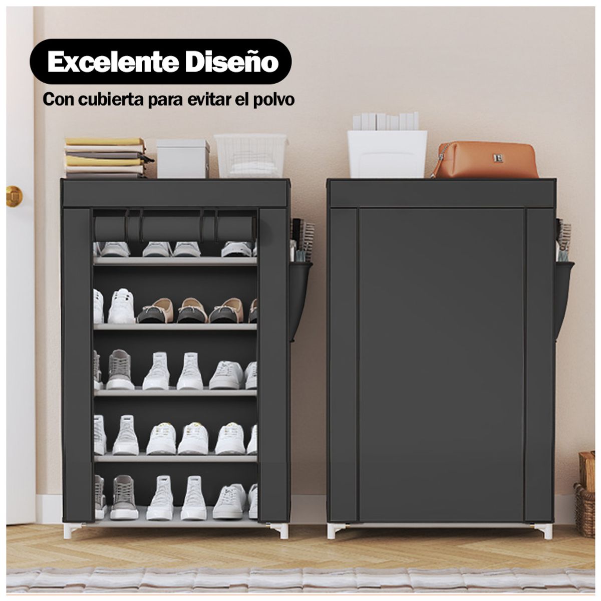 KELLER - Zapatero Organizador 5 Niveles Desmontable de Tela Negro QQ3
