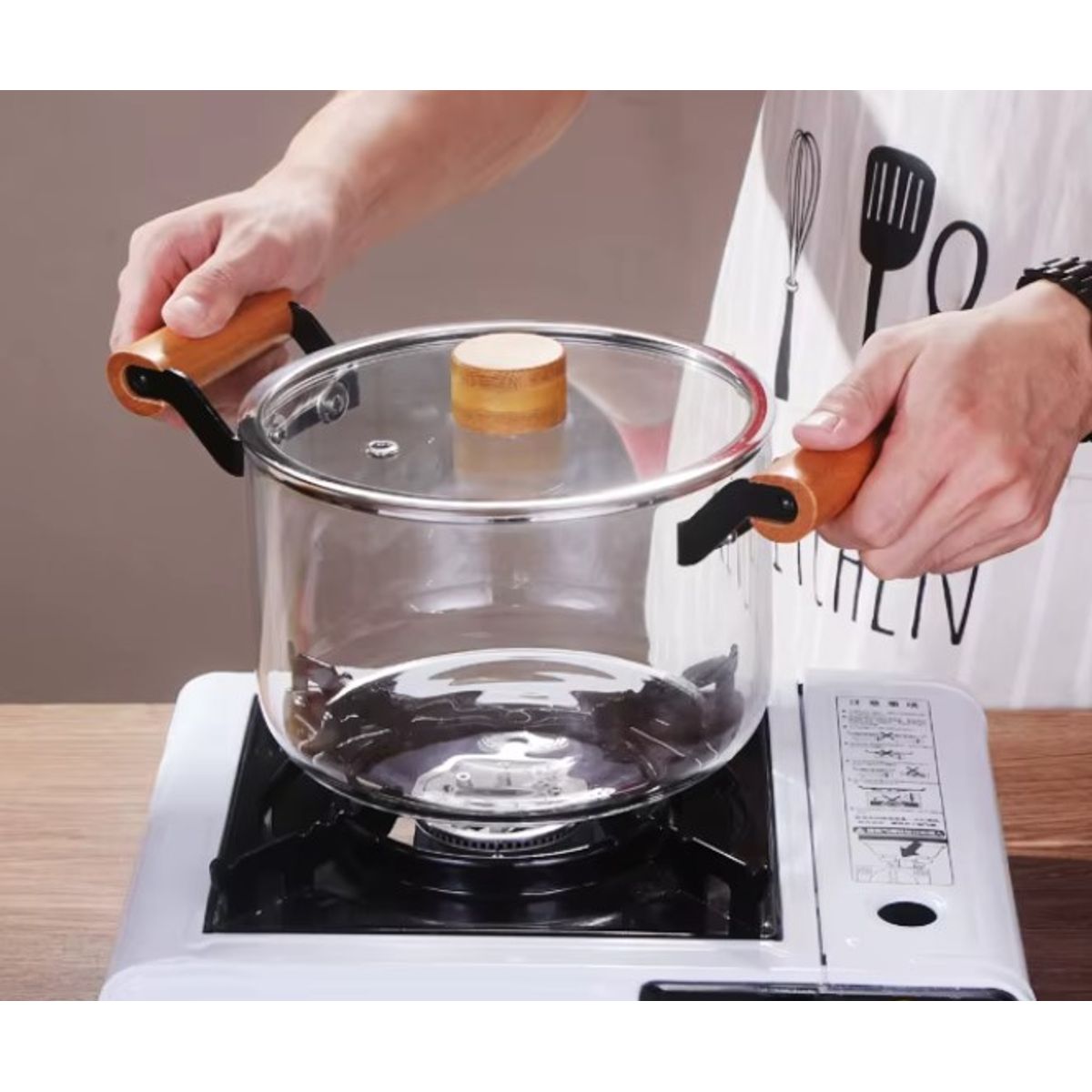 GENERICO - Olla de Vidrio Transparente  Asas de Madera 3.5 L