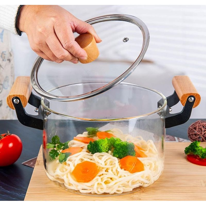 GENERICO - Olla de Vidrio Transparente C/ Asas de Madera 4.5 L