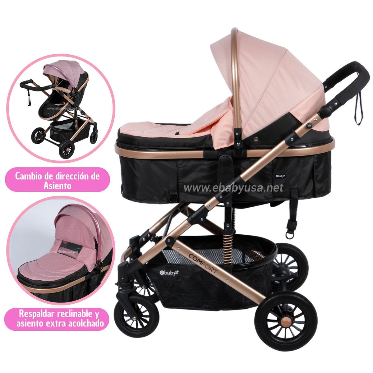 EBABY - Coche Cuna Moisés de Lujo «COMFORT» Rosado