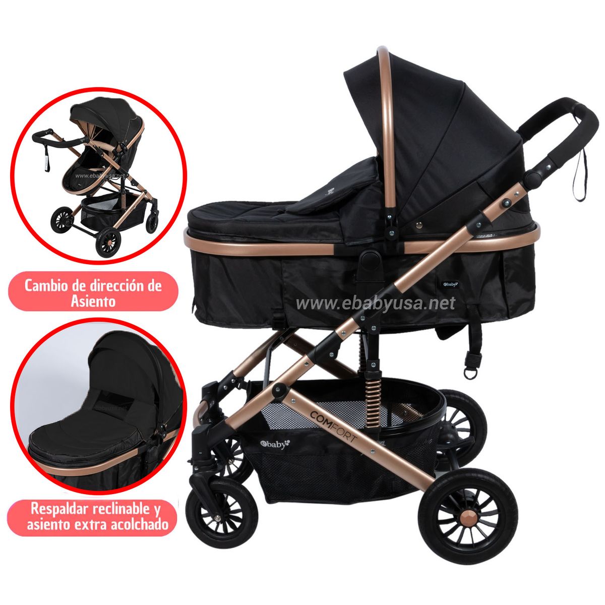 EBABY - Coche Cuna Moisés de Lujo «COMFORT» Negro