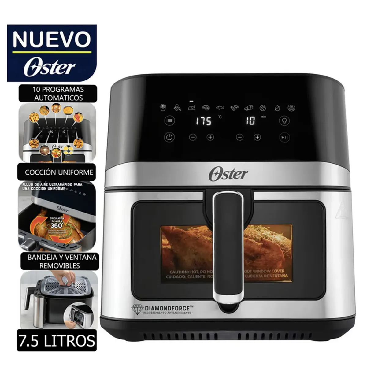 OSTER - Freidora de Aire Digital Oster DiamondForce 7.5L de Capacidad 10 Programas Automáticos CKSTAF75WDSSDF