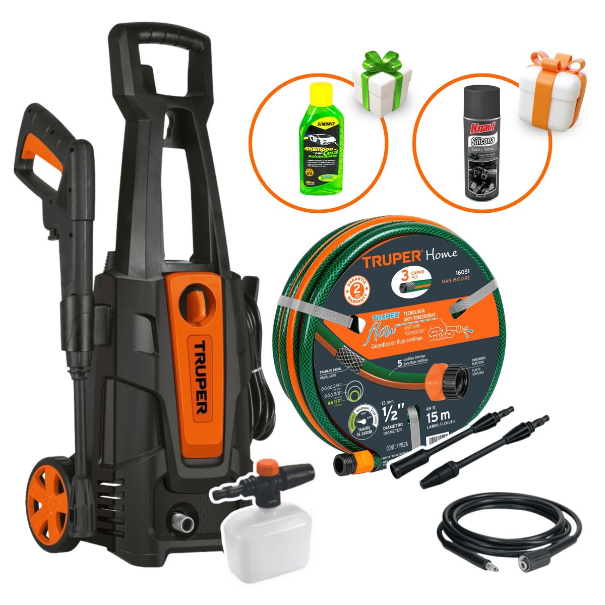 TRUPER - Hidrolavadora 1800PSI + Manguera de 15m + Shampu + Silicona