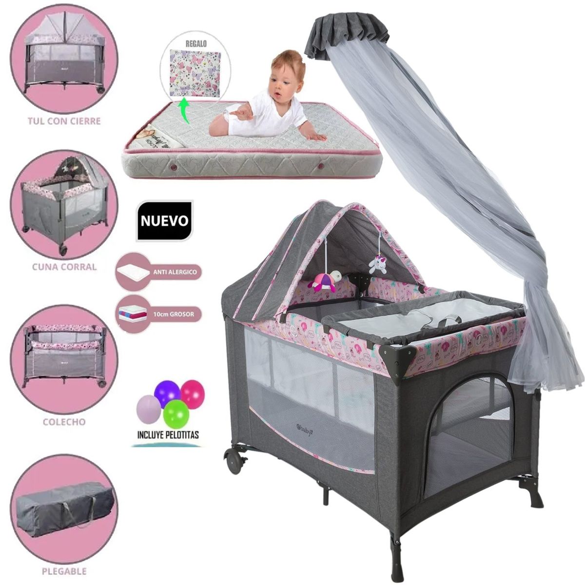 EBABY - Cuna Corral Dacora Rosa y Colchón rosa con Pelotas