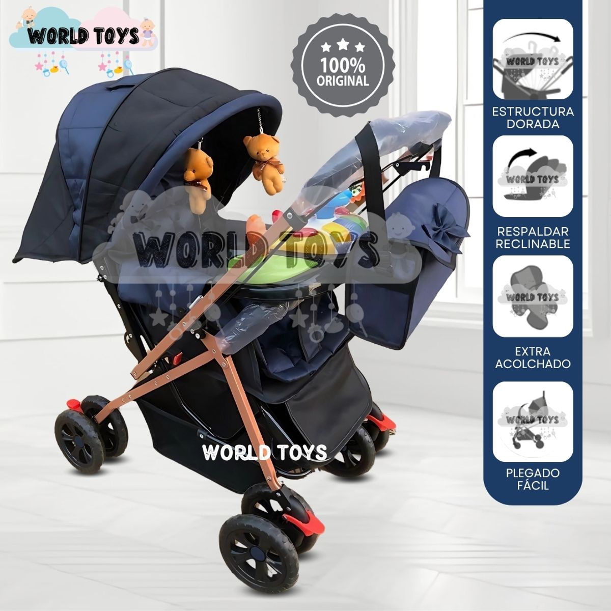 BABY - Coche Cuna con Bolso Pañalero «SHABERT GOLD» Dark Blue