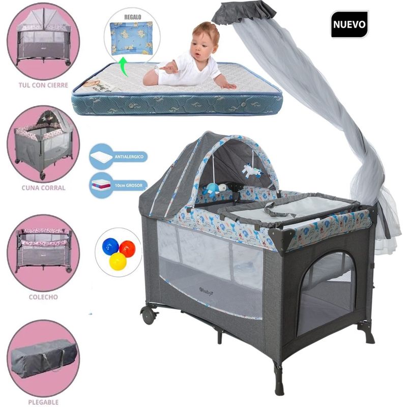 EBABY - Cuna Corral Dacora Azul y Colchón Gris con Pelotas