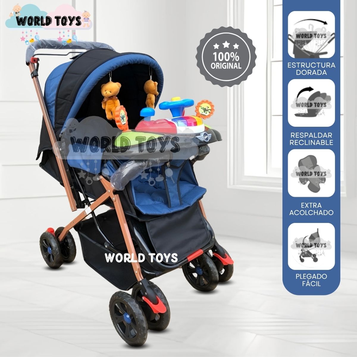 Baby - Coche Cuna con Bolso Pañalero «SHABERT GOLD» Blue