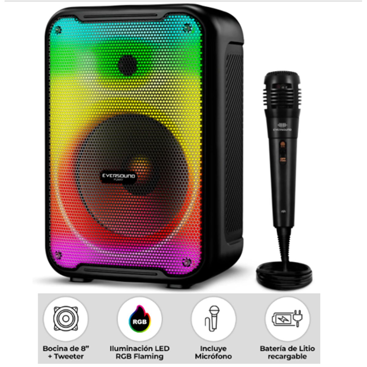 EVERSOUND - Parlante Portatil FUNKY 8 EV3003 LED BT FM USB microSD EVERSOUND