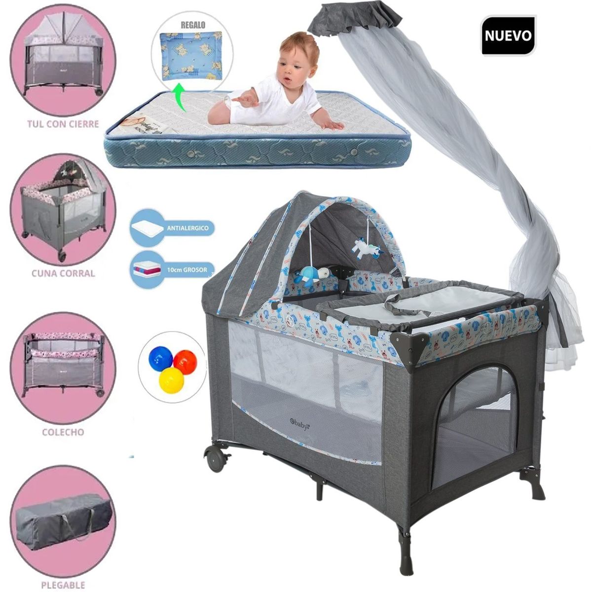 EBABY - Cuna Corral Dacora Azul y Colchón Gris con Pelotas