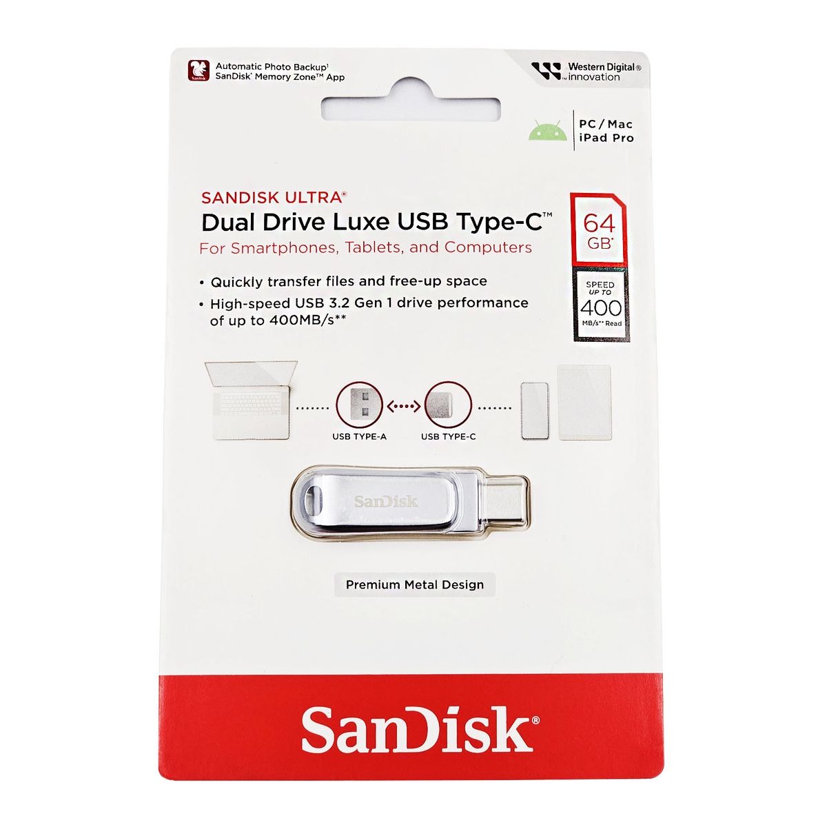 SANDISK - Memoria USB SanDisk de 64GB Luxe USB Tipo-C y Tipo-A - Hasta 400MBs