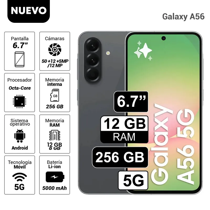 SAMSUNG - Celular Samsung Galaxy A56 5G 256GB 12GB RAM cámara principal 50MP frontal 12MP 67 Negro