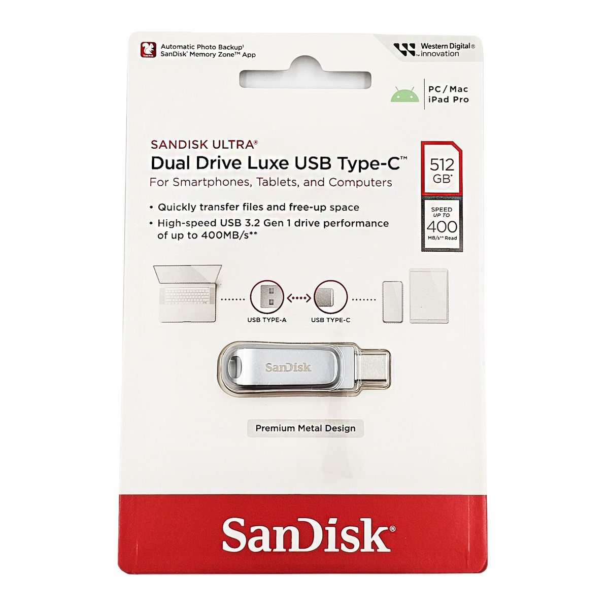 SANDISK - Memoria USB SanDisk de 512GB Luxe USB Tipo-C y Tipo-A - Hasta 400MBs