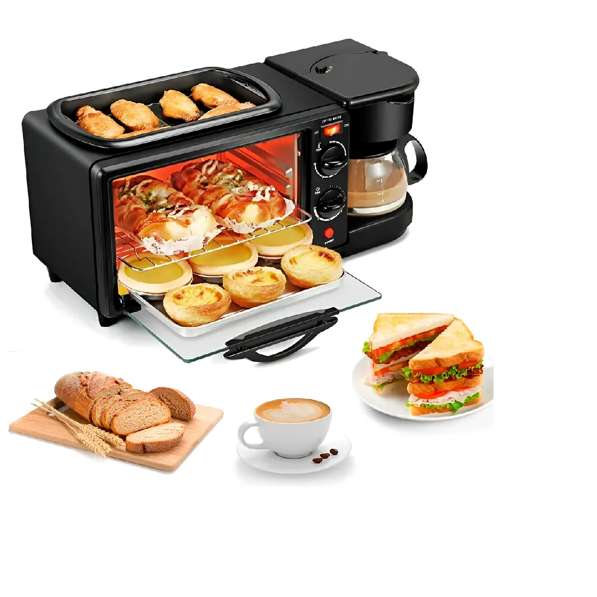 GENERICO - MAQUINA DE DESAYUNO 3 EN 1 HORNO, CAFETERA Y FREIDORA