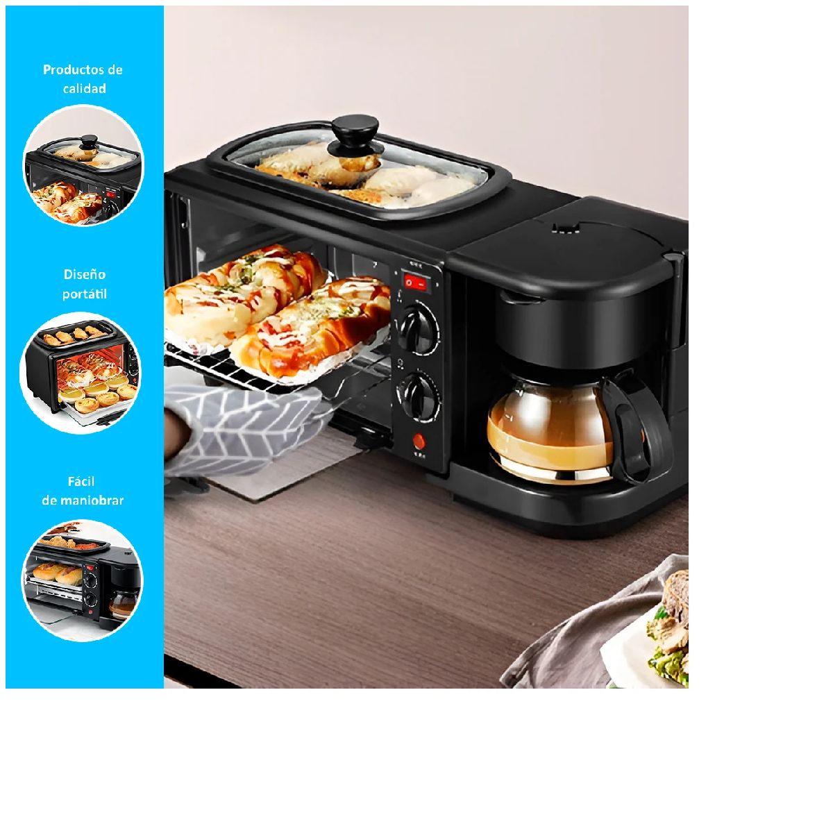 GENERICO - MAQUINA DE DESAYUNO 3 EN 1 HORNO, CAFETERA Y FREIDORA