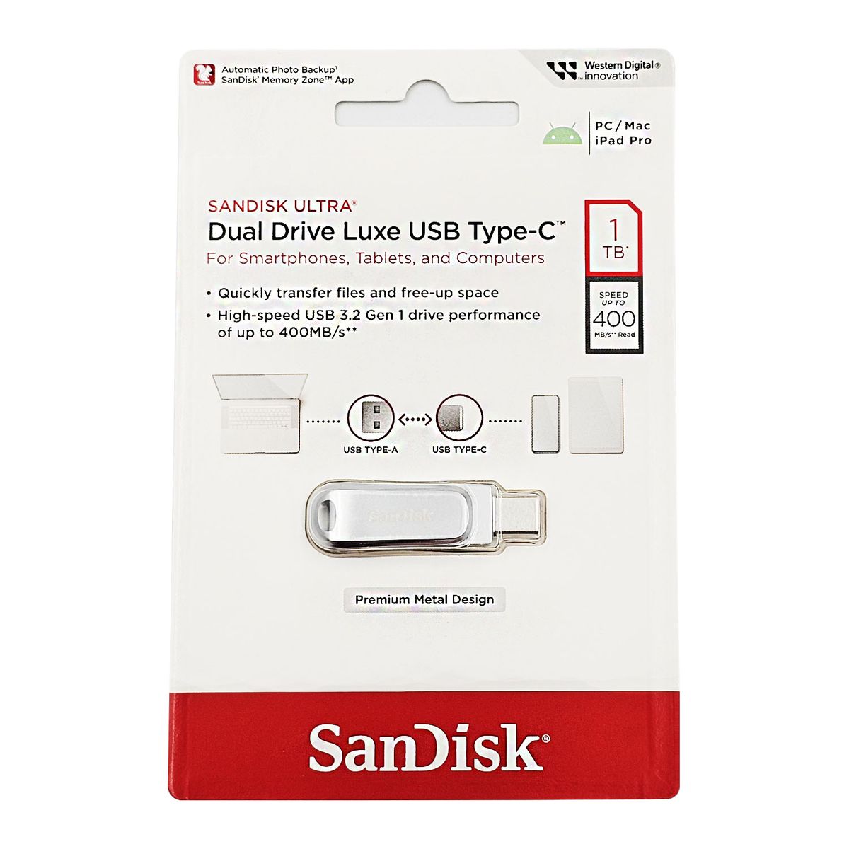 SANDISK - Memoria USB SanDisk de 1TB Luxe USB Tipo-C y Tipo-A - Hasta 400MBs