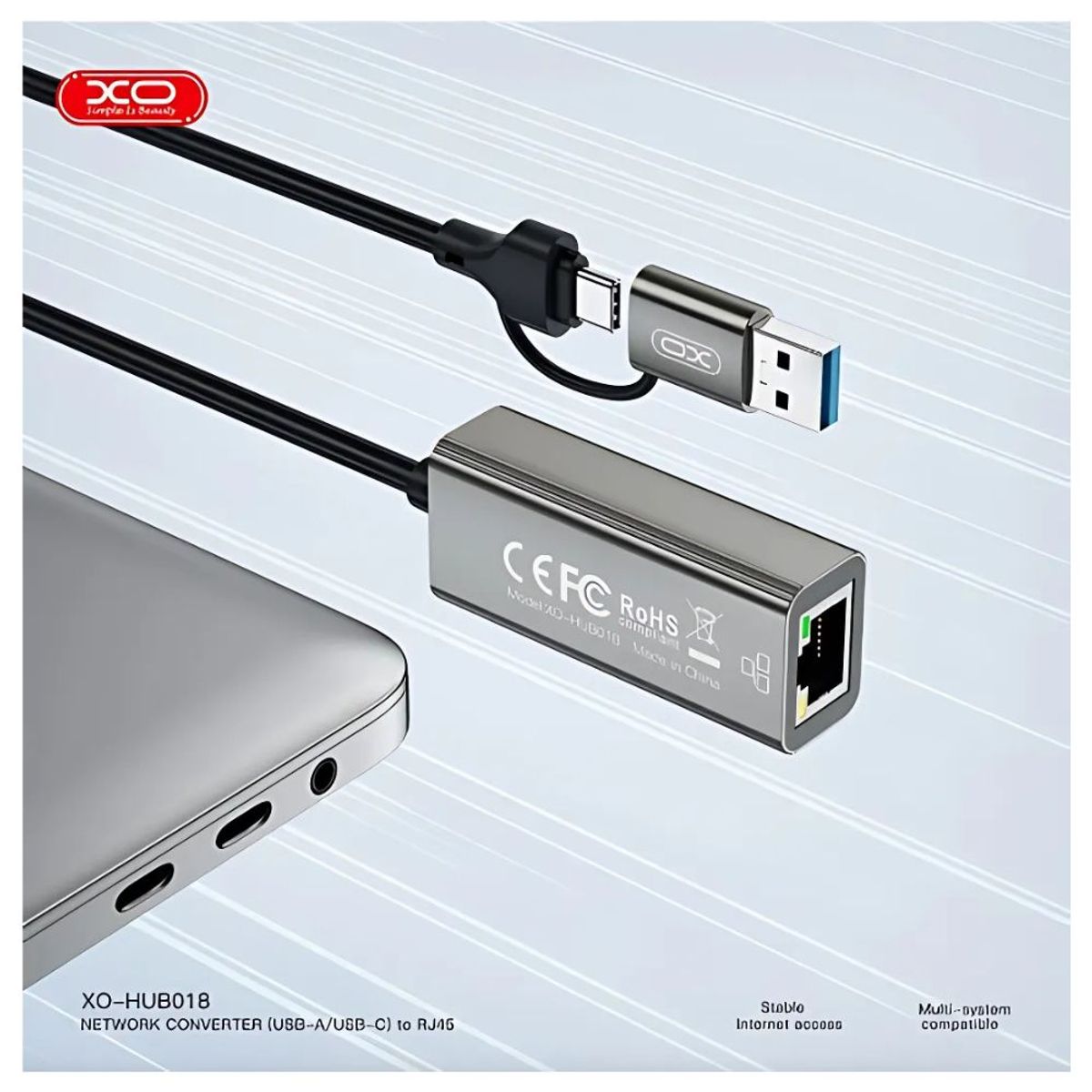 XO SIMPLE IS BEAUTY - Adaptador 2 en 1 de RJ45 A USB-A Y USB-C HUB018