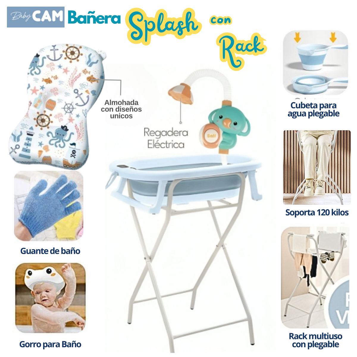 CAM - Bañera Plegable con accesorios Splash con Rack Azul