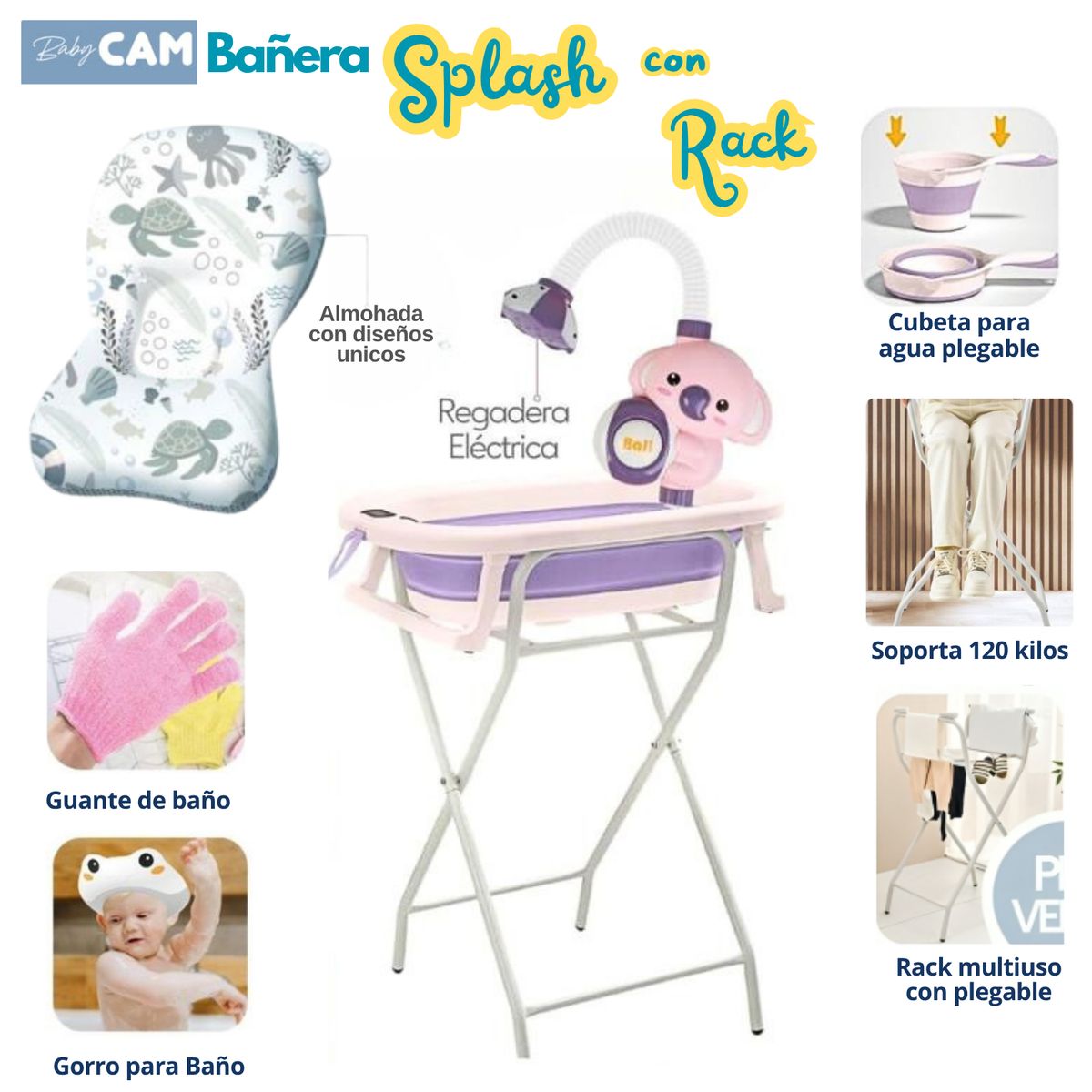 CAM - Bañera Plegable con accesorios Splash con Rack Morado