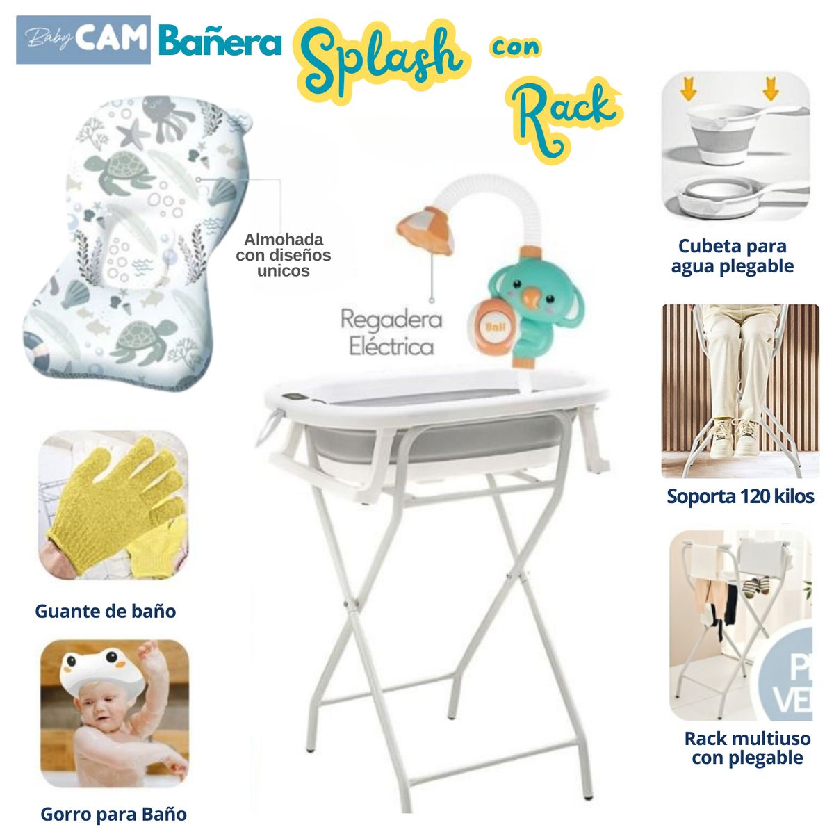 CAM - Bañera Plegable con accesorios Splash con Rack Gris
