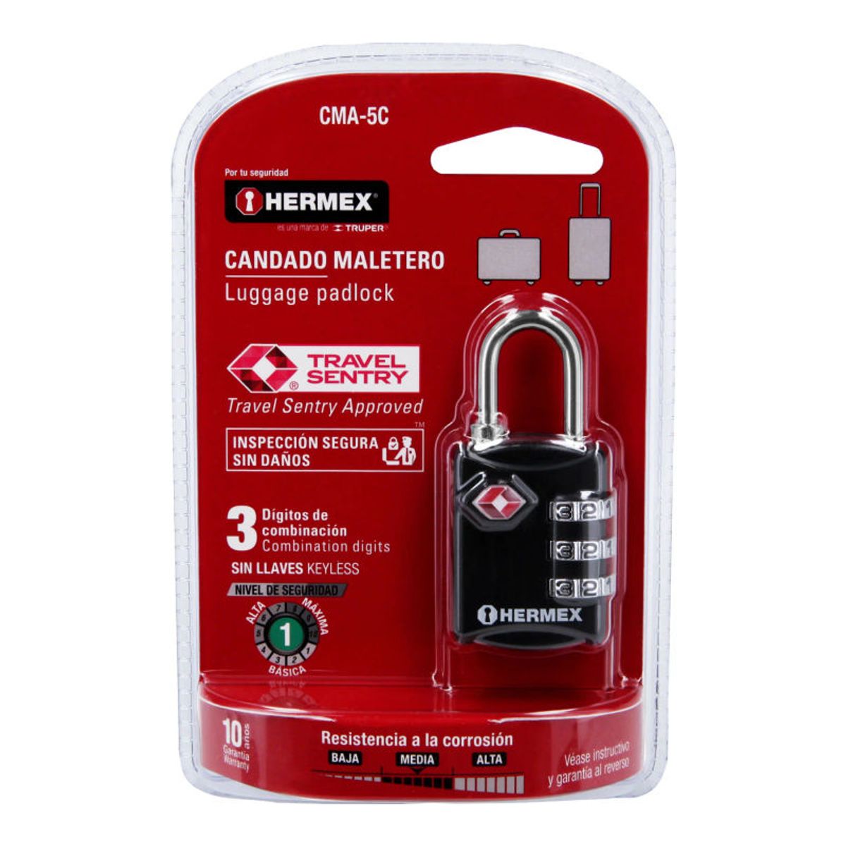 HERMEX - Candado maletero de combinación 27 mm seguridad TSA blíster Hermex - 46291