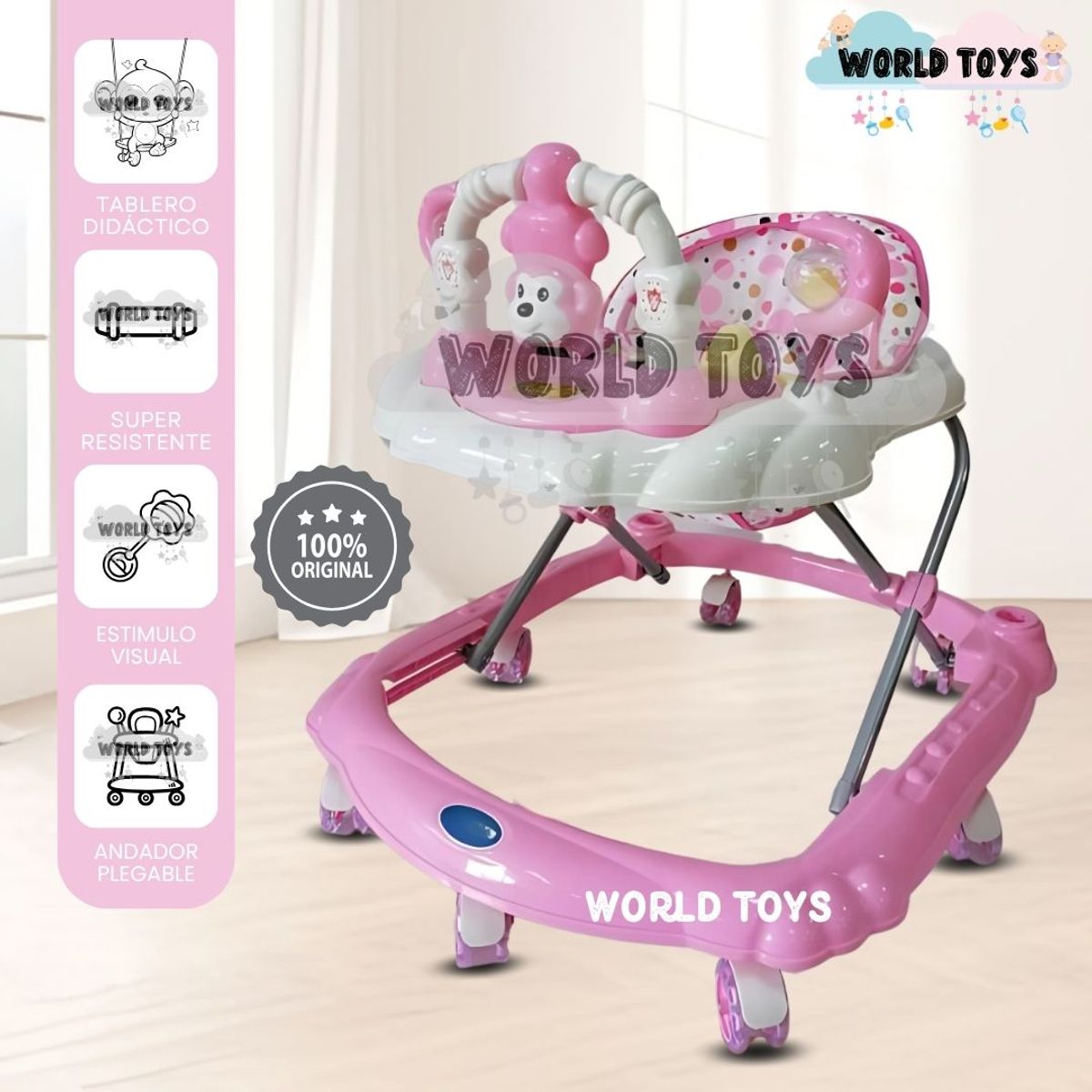 BABY - Andador Musical Plegable «CUTE MONKEY» Bluetooth Light Pink